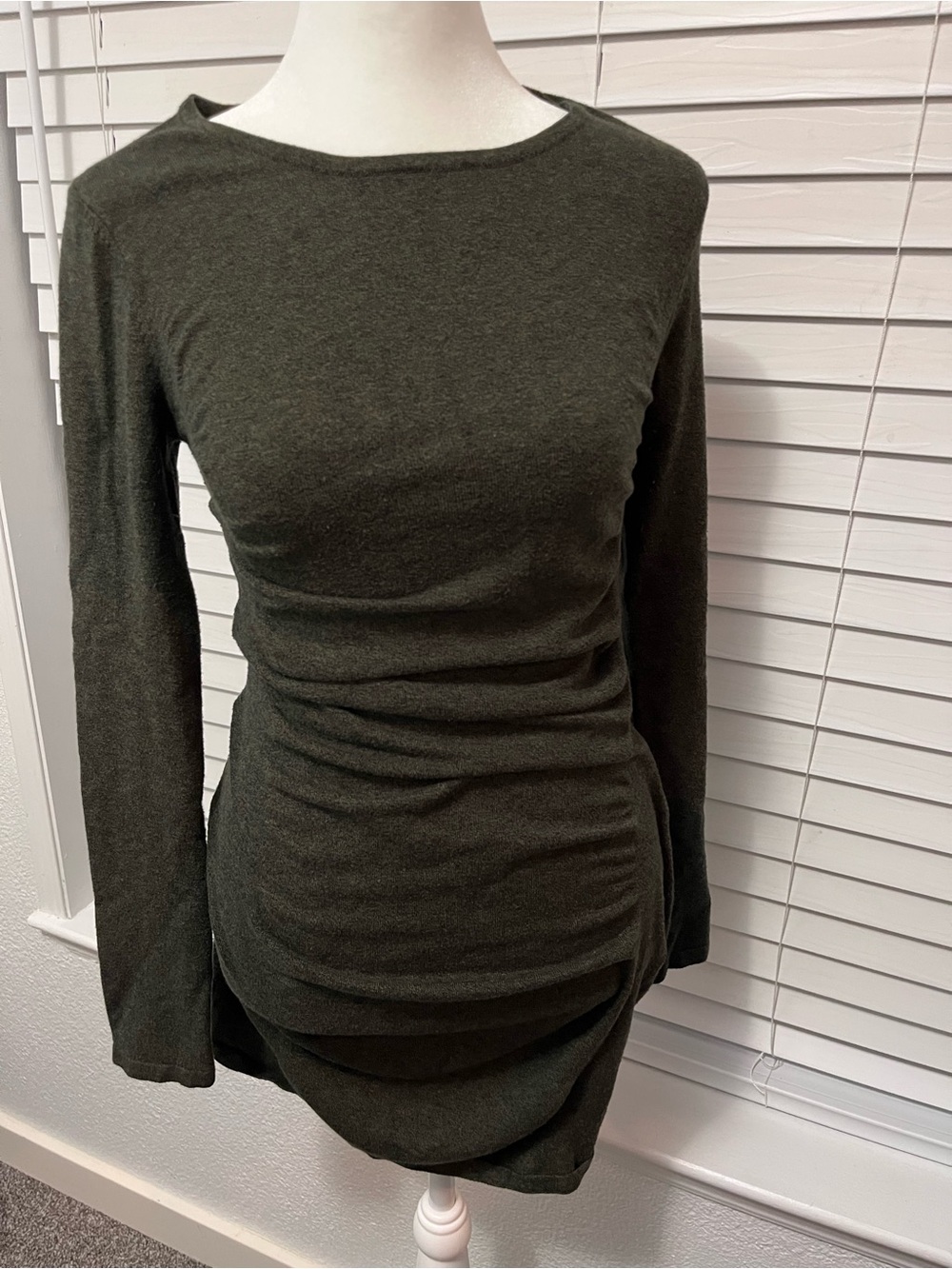 Express Olive Green Long Sleeve Ruched Bodycon dress